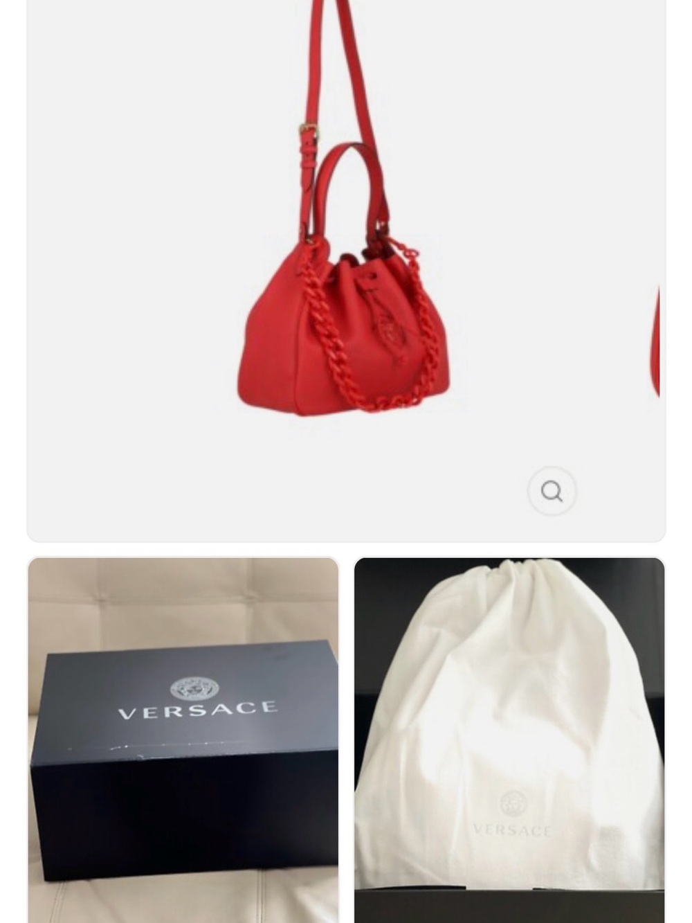 Versace Red Leather Drawstring Shoulder Bag with Chain Detail